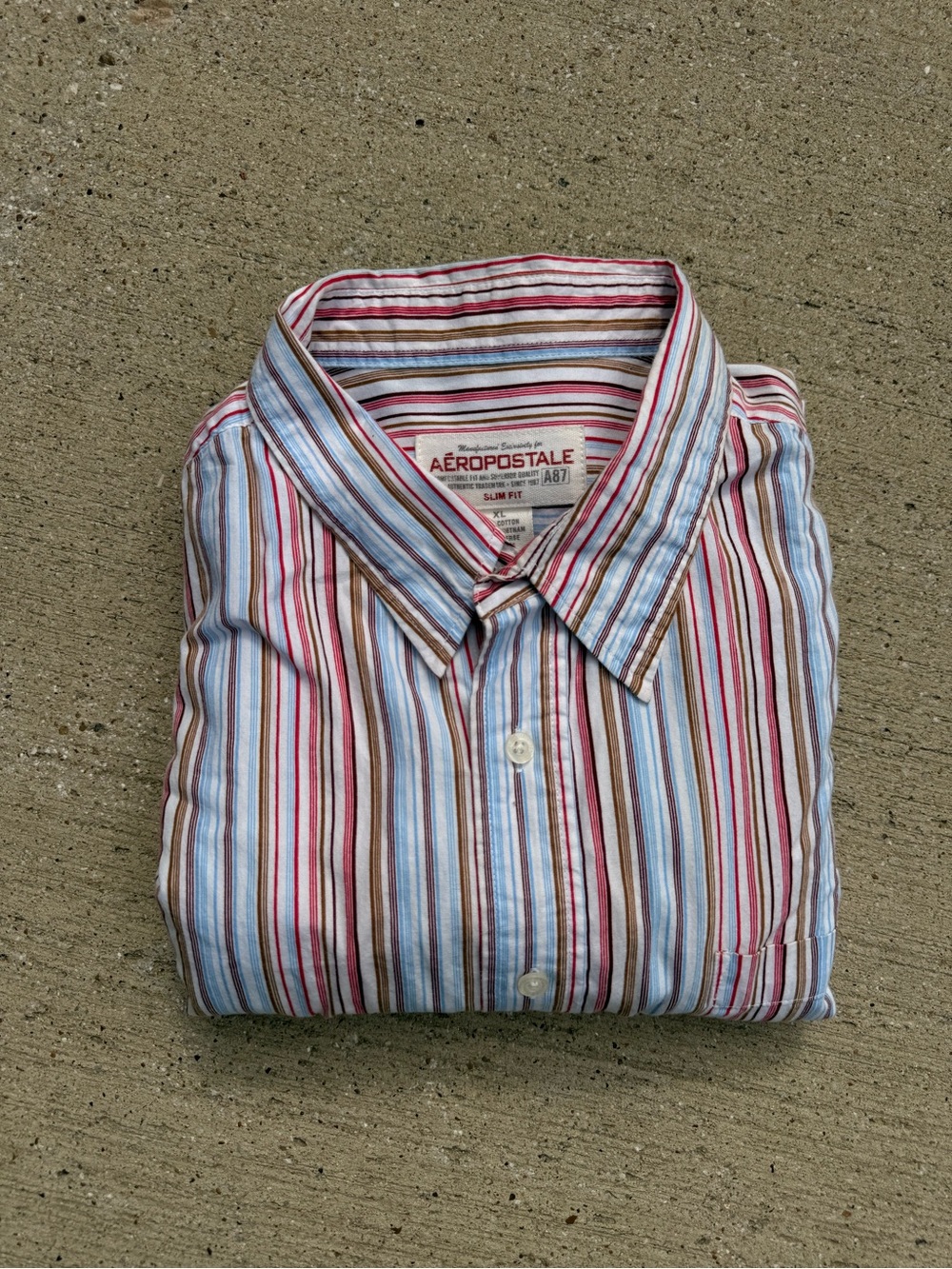 Aeropostale Men’s Striped Button-Down Shirt - Blue, Red, Brown, White